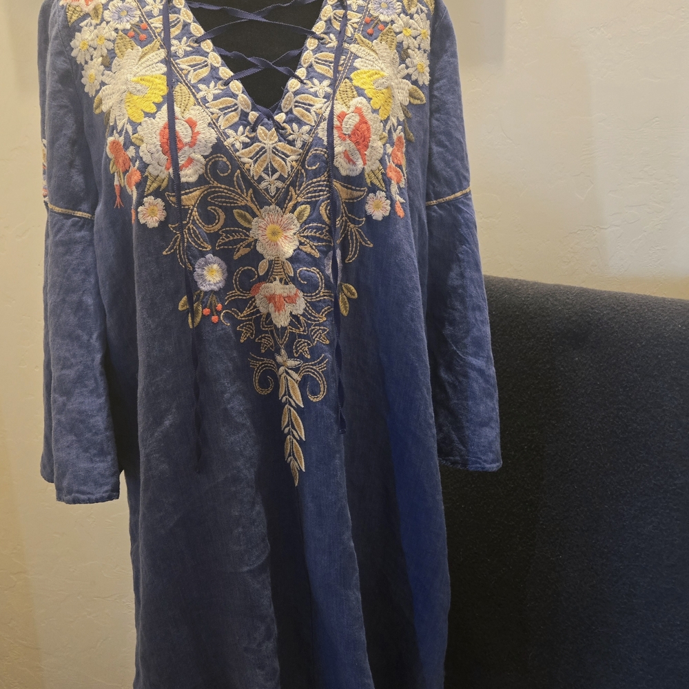 Johnny Was Blue Sundress with Bell Sleeves and Embellished V-Neck